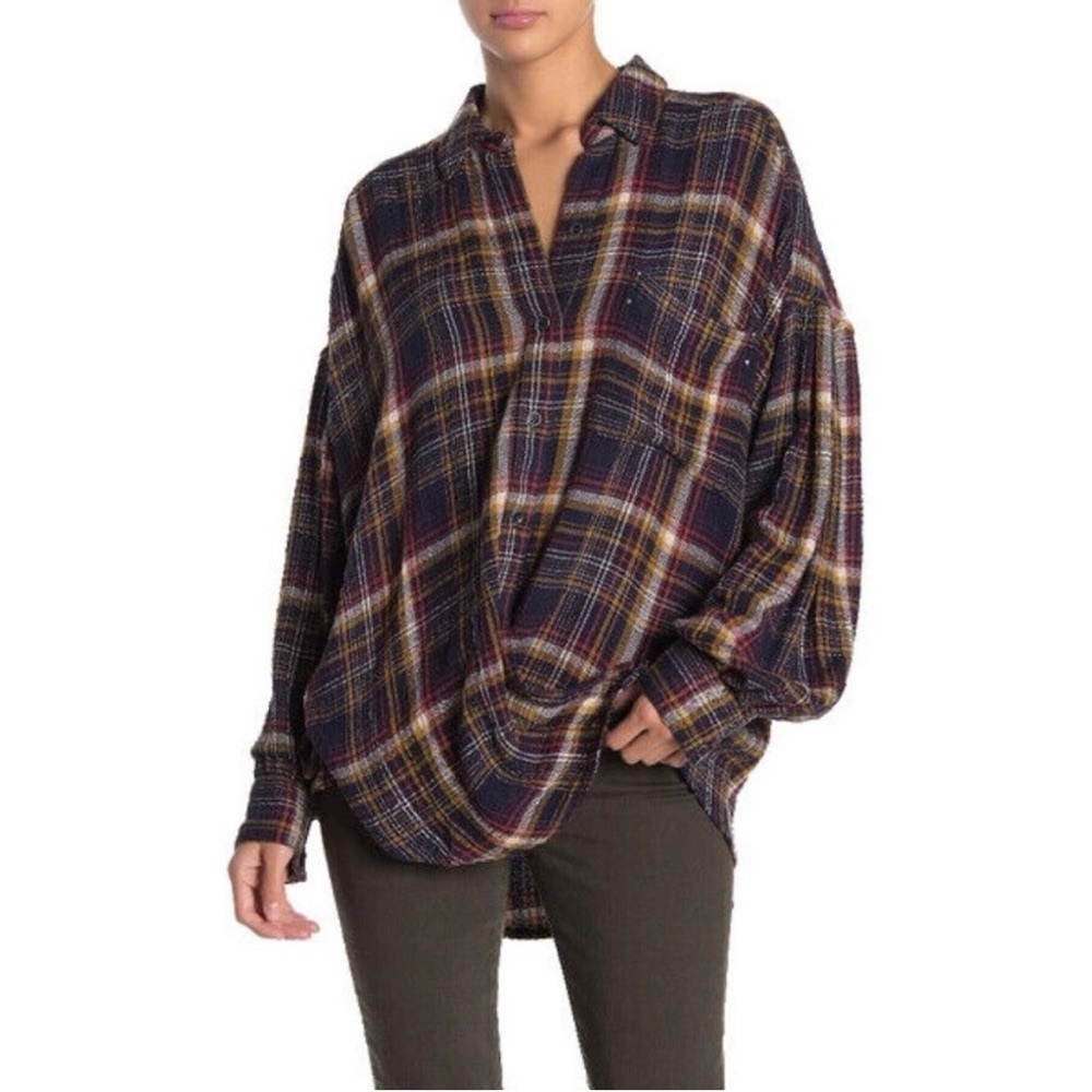 Free People We The Free Hidden Valley Button Down Black Multicolor Plaid Shirt M - Picture 4 of 12